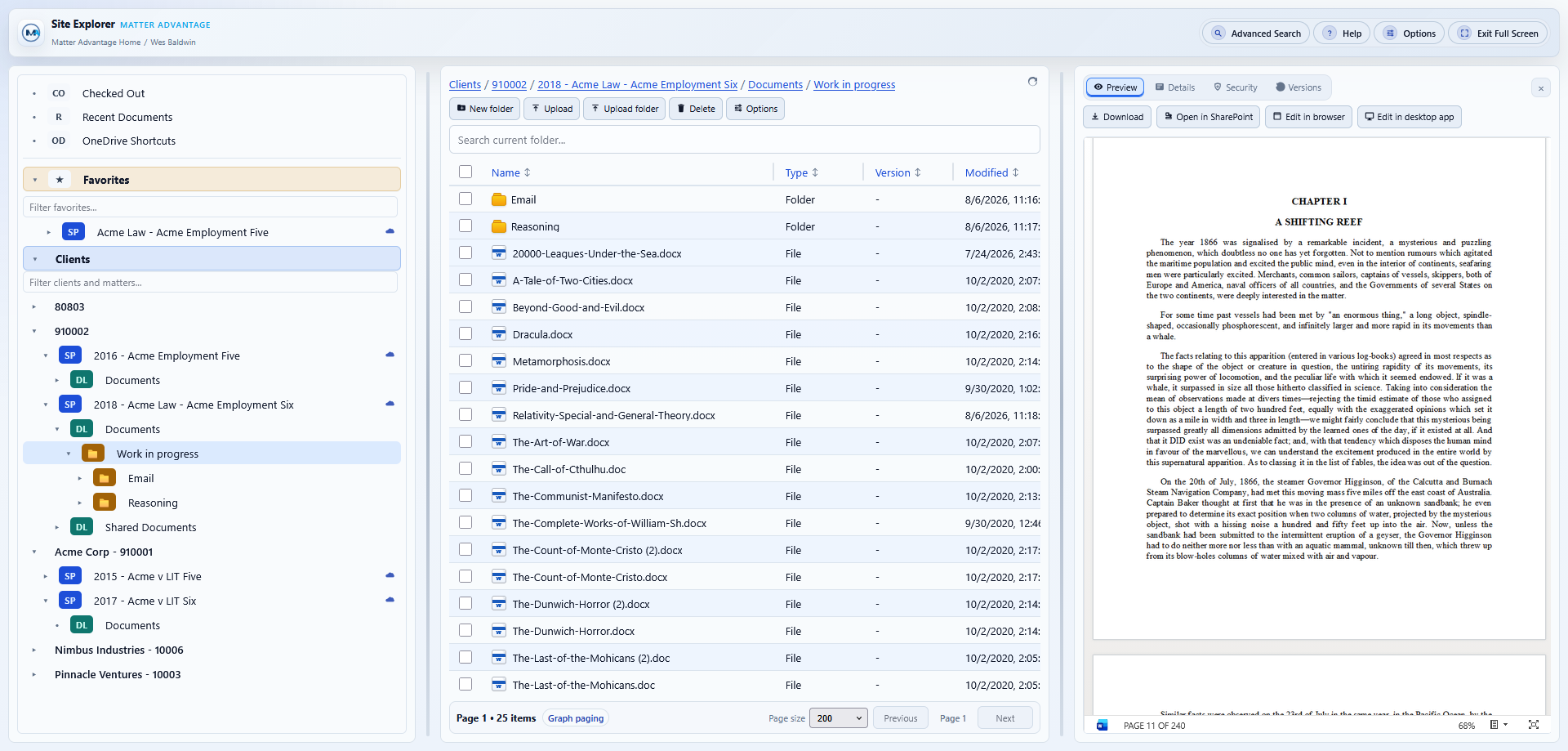 Site Explorer document management interface